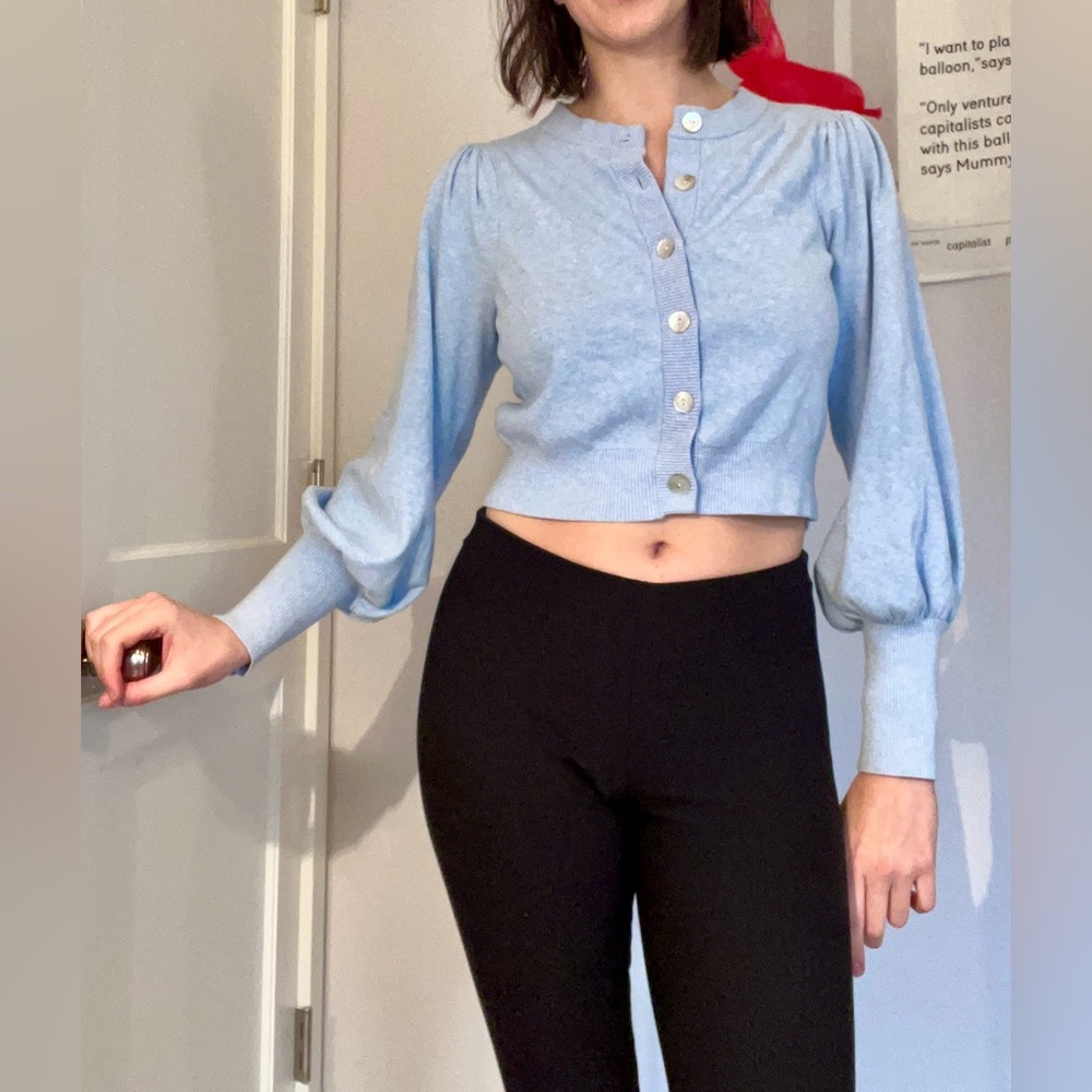 Wilfred Aritzia sz M cropped baby blue cardigan; puff sleeves and pearl buttons